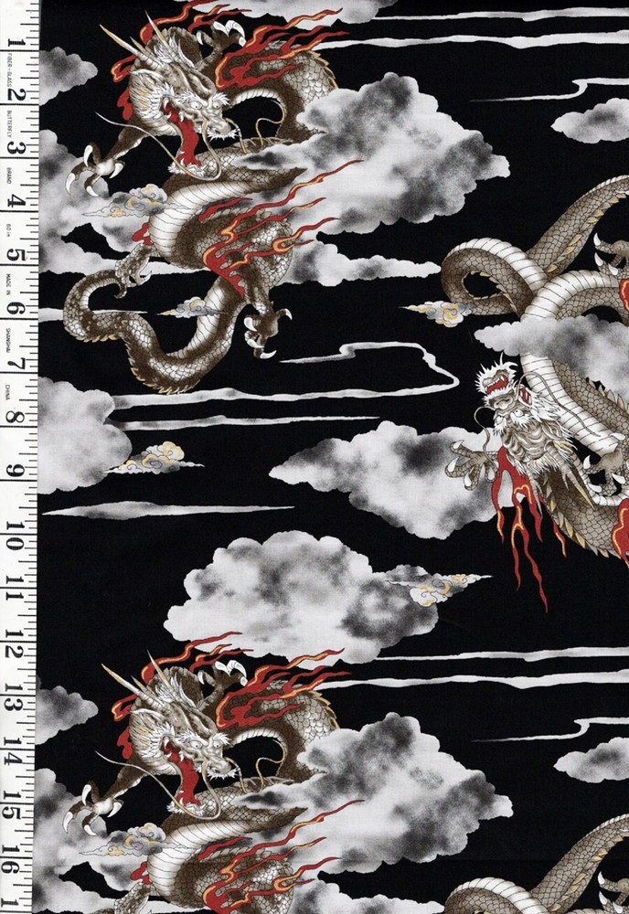 Japanese – Cosmo Fiery Dragons in the Clouds-SP3700-1E-Black – By the Half Yard