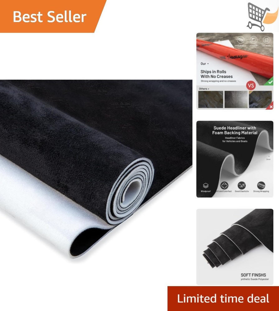 Suede Auto Headliner Fabric Black 36×60 Inches Foam Backing DIY Car Interior