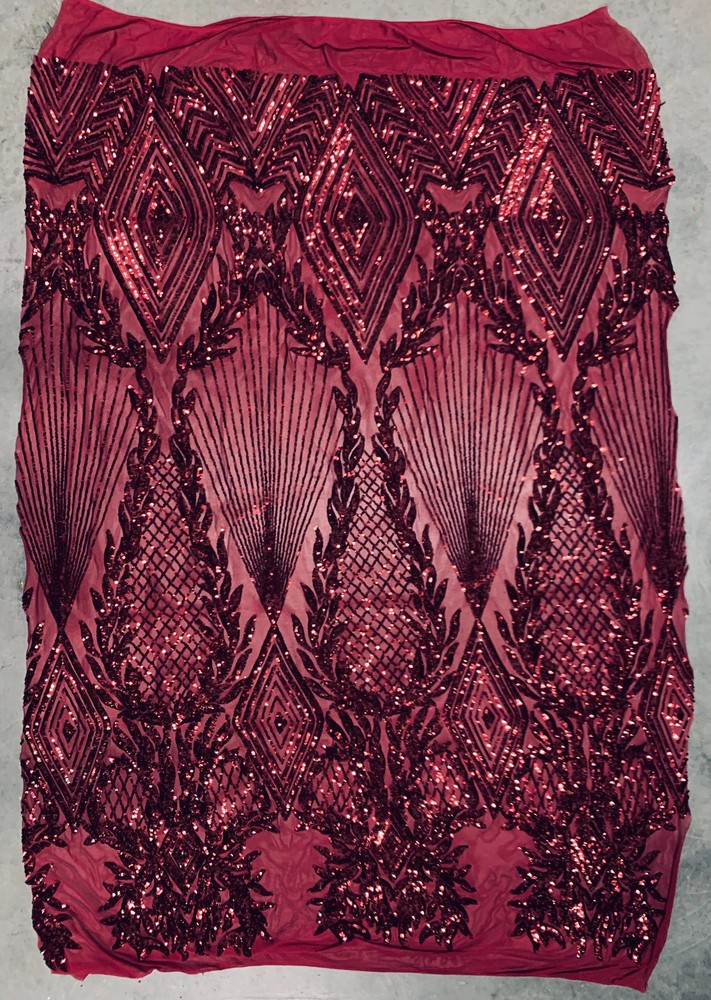 Francesca BURGUNDY Vines and Diamonds Pattern Sequins on Mesh Lace Fabric by th