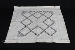 Vtg 24″ Square Tea Tablecloth & Napkin with Catwork Embroidery, Stained