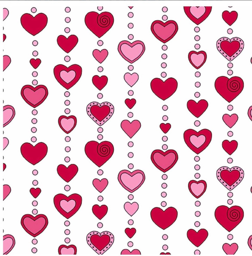 “Love Me Do” Red and Pink Beaded Hearts on White Valentine Fabric