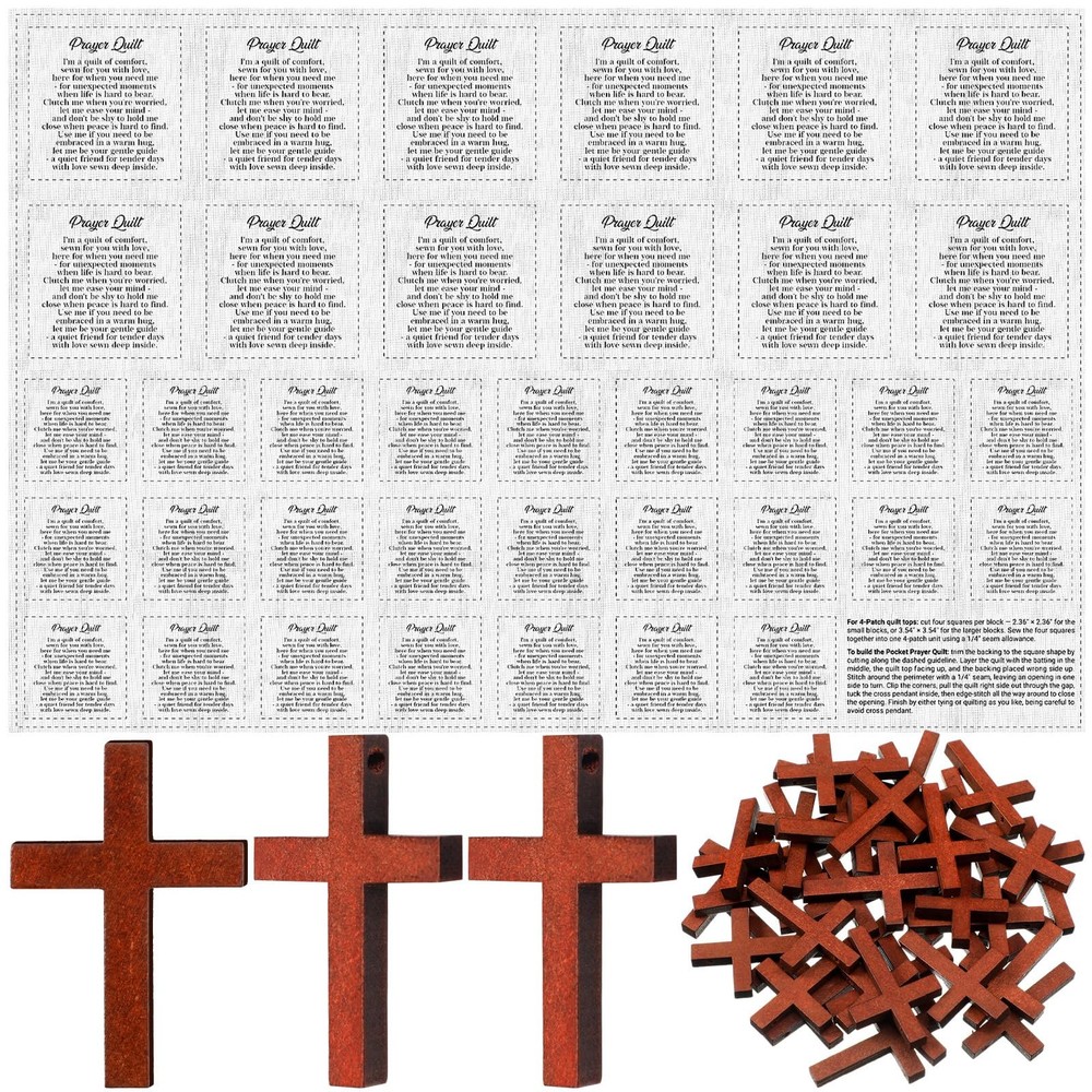 Pocket Prayer Quilt Panel Squares w/ Small Wooden Crosses Mini Scripture Pocket