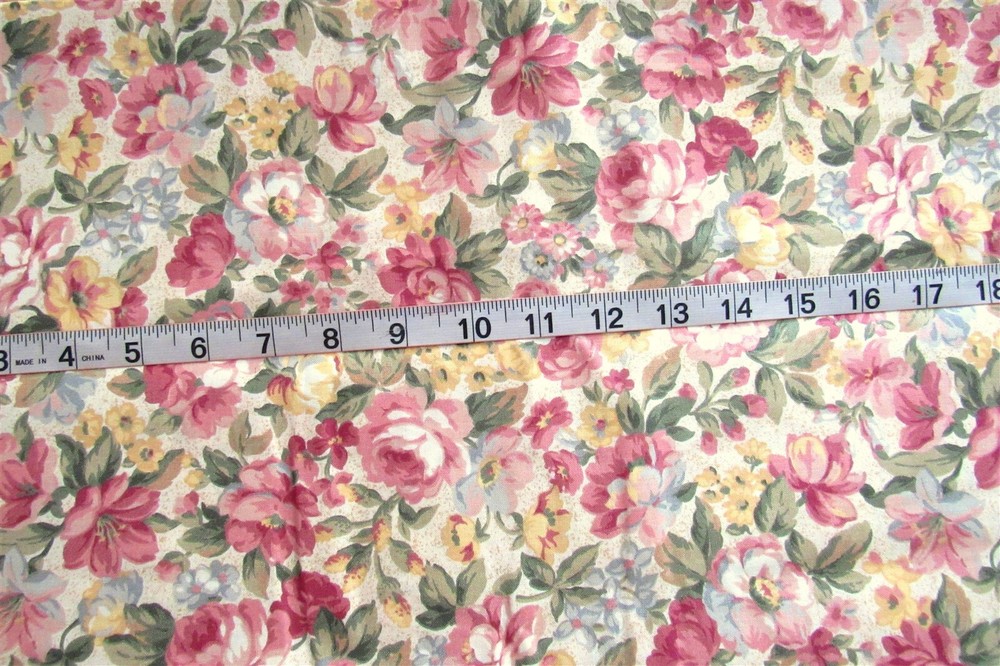 1 yd 100% Polished (?) Cotton Fabric Cream with Pink, Dark Pink, Golden Flowers
