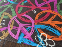 Groovy Peace Symbols Fabric; Brown with Orange, Pink, Green, Red, Yellow. BTHY