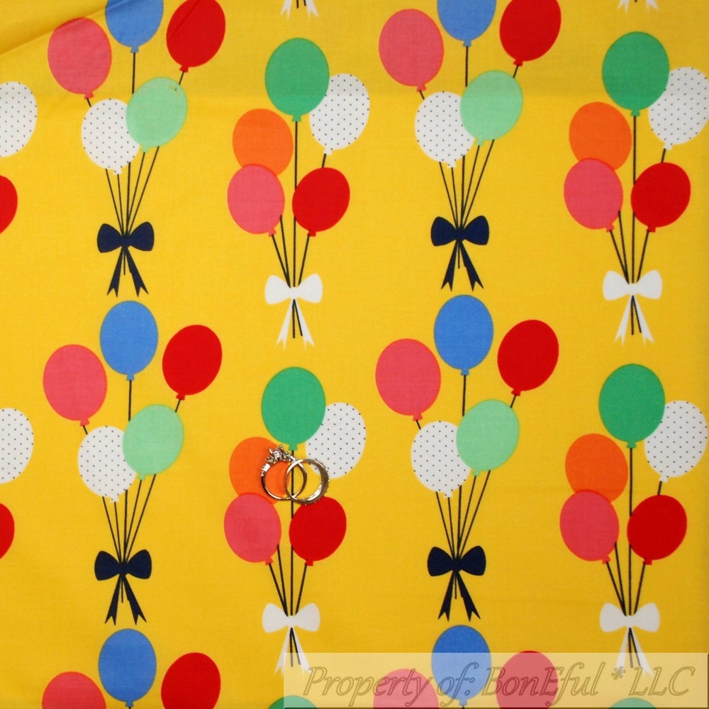 BonEful Fabric FQ Cotton Quilt Yellow Red Blue Green White Birthday Balloon Baby