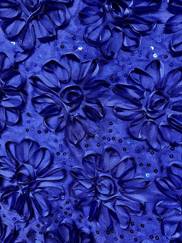 Allie ROYAL BLUE 3D Floral Polyester Satin Rosette with Sequins Fabric by the Y