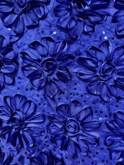 Allie ROYAL BLUE 3D Floral Polyester Satin Rosette with Sequins Fabric by the Y
