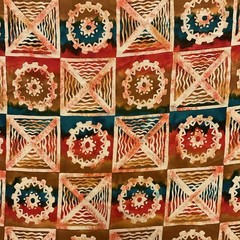 Silk Multicolor Geometric Pattern Brown Red Blue Beige Square Design