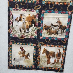 Vintage Wild Horses mustang fabric panel for wall hang or pillow