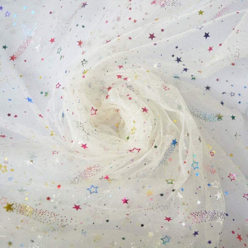 Lace Fabric Rainbow Glitter Colorful Star Tulle Mesh Fabric DIY Dress Home Decor