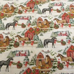Susan Winget Cotton Fabric Christmas Horses Barns in Snow Scenic 22″ x 42″