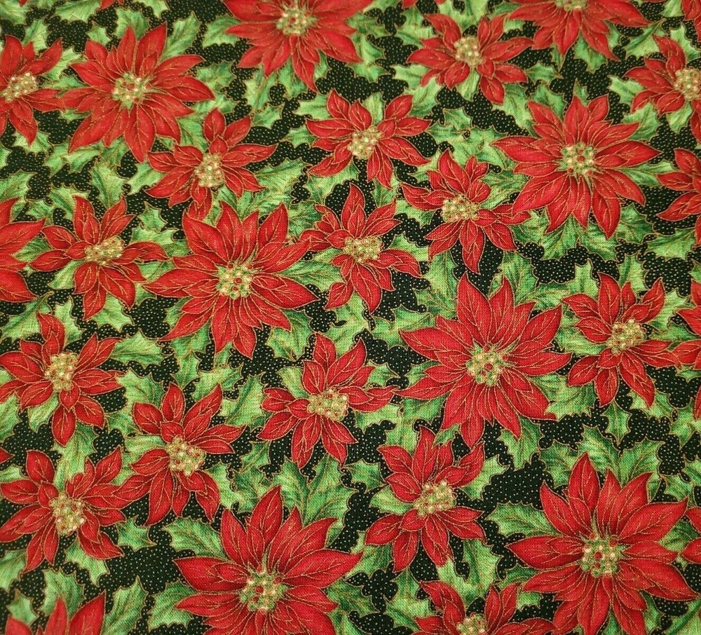 3 yds Festive Elegance Studio 8 VIP Red Poinsettias Metallic Dot Dark Green
