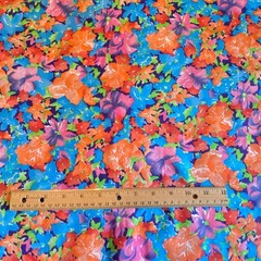 2.5 YD Vintage Impressionist Floral Fabric Cotton Orange Blue