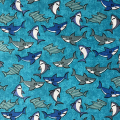 Novelty Prints Packed Sharks Blue Cotton Fabric 1.75 yards x 44in