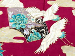 Burgundy Asian Crane Floral Metallic Gold Print Cotton Fabric Trans-Pacific 2 yd