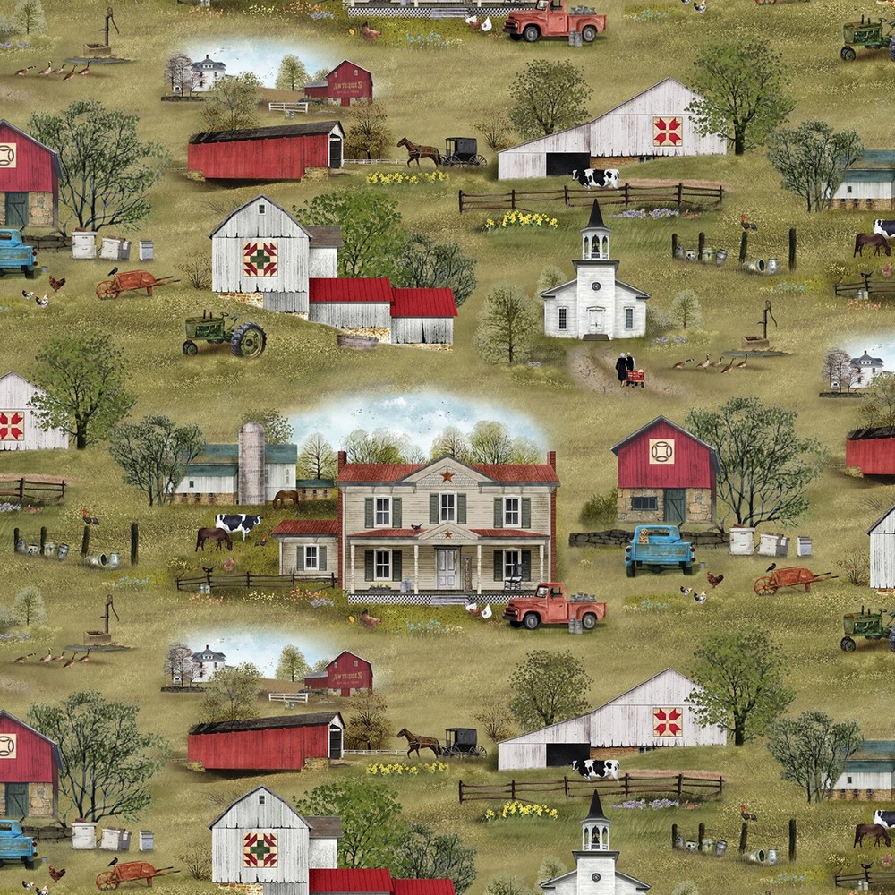 Headin’ Home Fabric | Farmhouse Barn Church Allover | Elizabeth’s Studio YARD