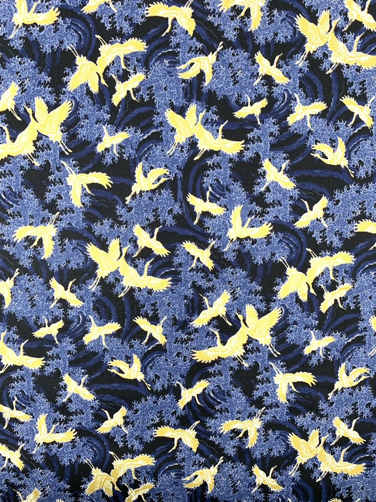 Japanese fabric small cranes birds art deco blue gold heron stork asian chinese