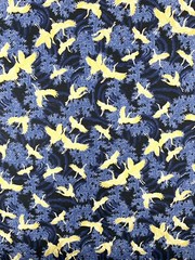 Japanese fabric small cranes birds art deco blue gold heron stork asian chinese