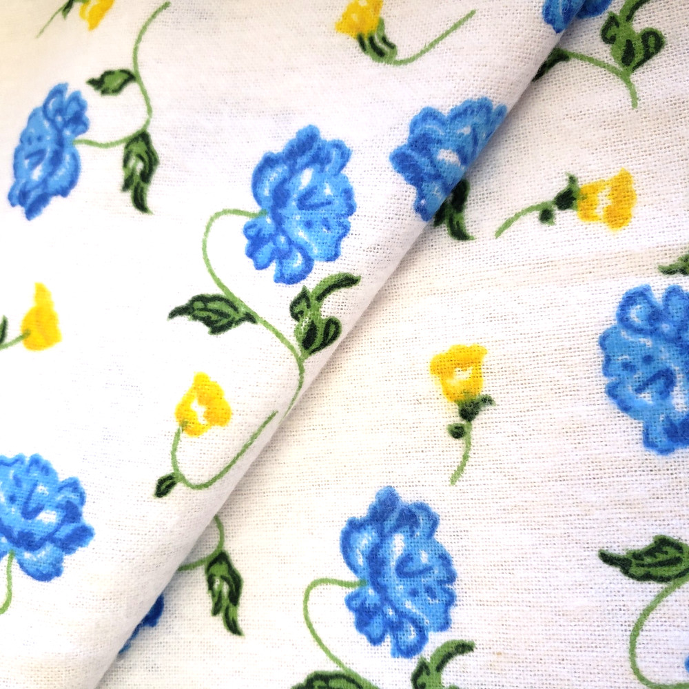 Blue Yellow Peone Print Cotton Flannel Fabric 45″ By Yard Floral Nursery Fabric