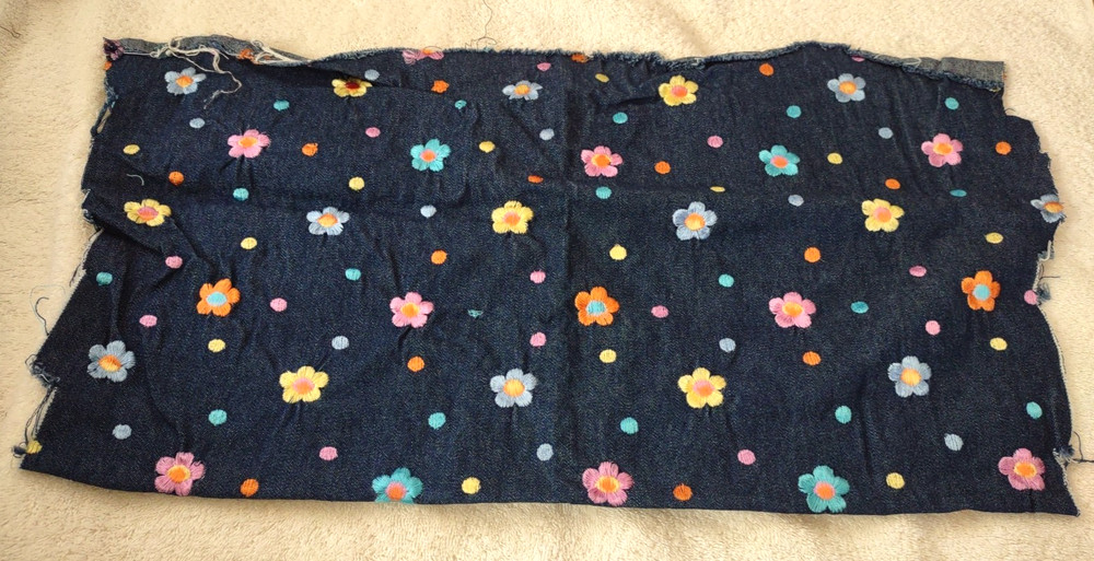 Denim Embroidered Flower Fabric Scrap 18″ x 19″