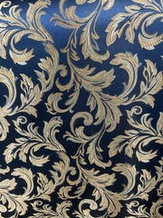 Midnight Blue / Gold Damask Jacquard Brocade Fabric (116in.) Sold By The Yard