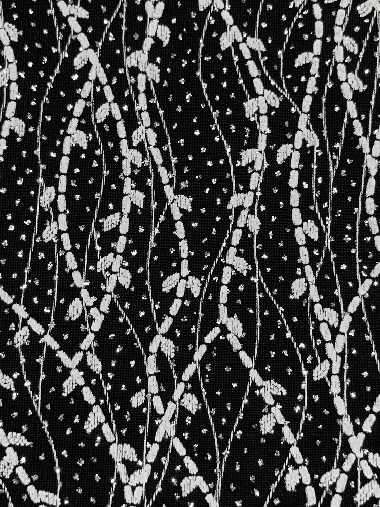 DTY Knit Fabric Jersey Silver Strings Abstract Vines Black By the Yard
