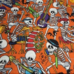 Rolling bones Skeleton Band Spooky Halloween Cotton Fabric 42” X 18” Orange