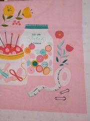 Sewing themed Fabric, pink and blue, 1lb 11oz, button, needles, scissors, thread