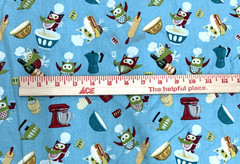 Retro Owls Chef Hats Cooking Kitchen Theme Blue Cotton Fabric BTHY #61