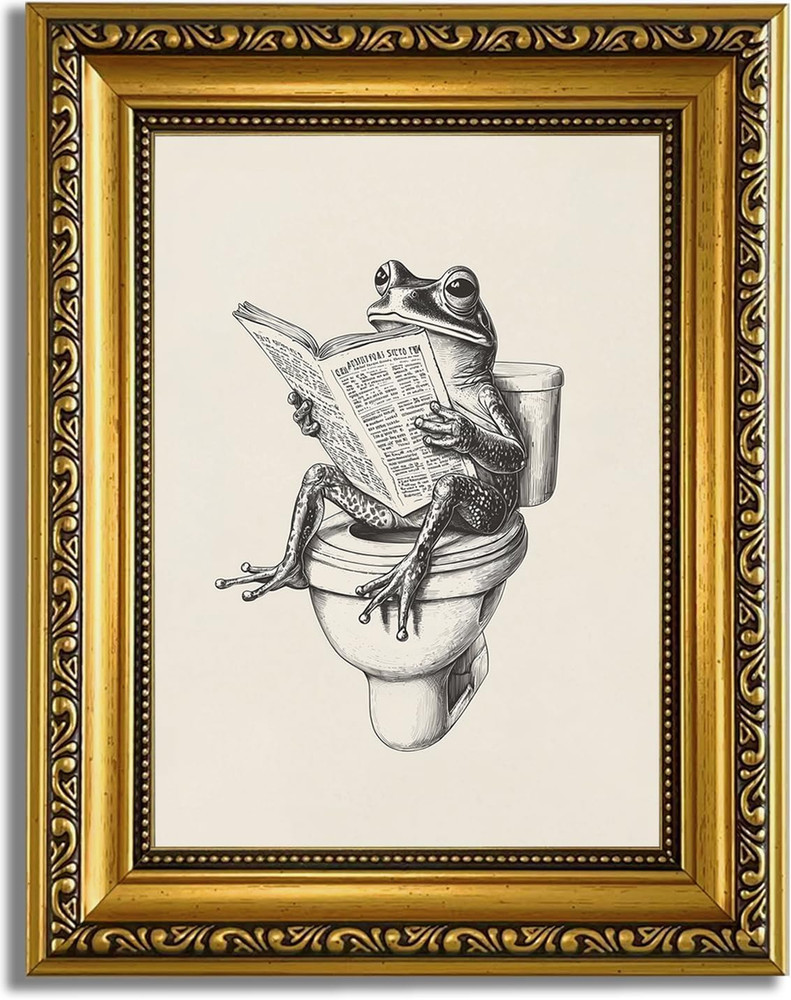 Gold Framed Funny Bathroom Frog Wall Art Canvas Frog on Toilet Reading Newspaper