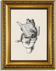 Gold Framed Funny Bathroom Frog Wall Art Canvas Frog on Toilet Reading Newspaper