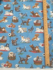 1 5/8 yds VTG Dogs Cats Kittens Puppies Blue Novelty Fabric Cotton Blend