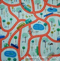 BonEful FABRIC FQ Cotton Flannel Quilt Blue Red B&W Boy Baby Truck Car Road Map