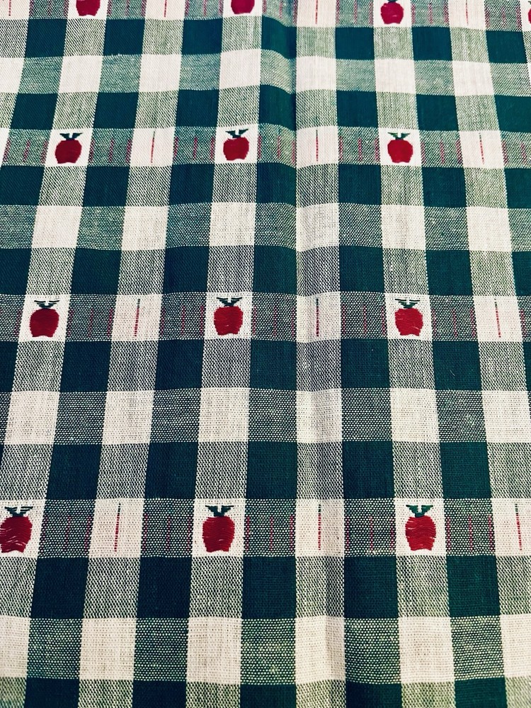 VTG Woven Homespun Country Green & Tan Plaid with Apples Hearts 22″X14″