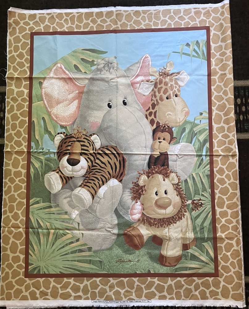 VTG 2008 “Jungle Babies” Stuffies by Patty Reed Crib Quilt Panel 45 “x 35 “