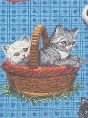 1 5/8 yds VTG Dogs Cats Kittens Puppies Blue Novelty Fabric Cotton Blend