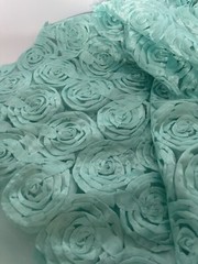 Aqua 3D Rosette Embroidery Satin Rose Flowers Floral Mesh Fabric by the yard