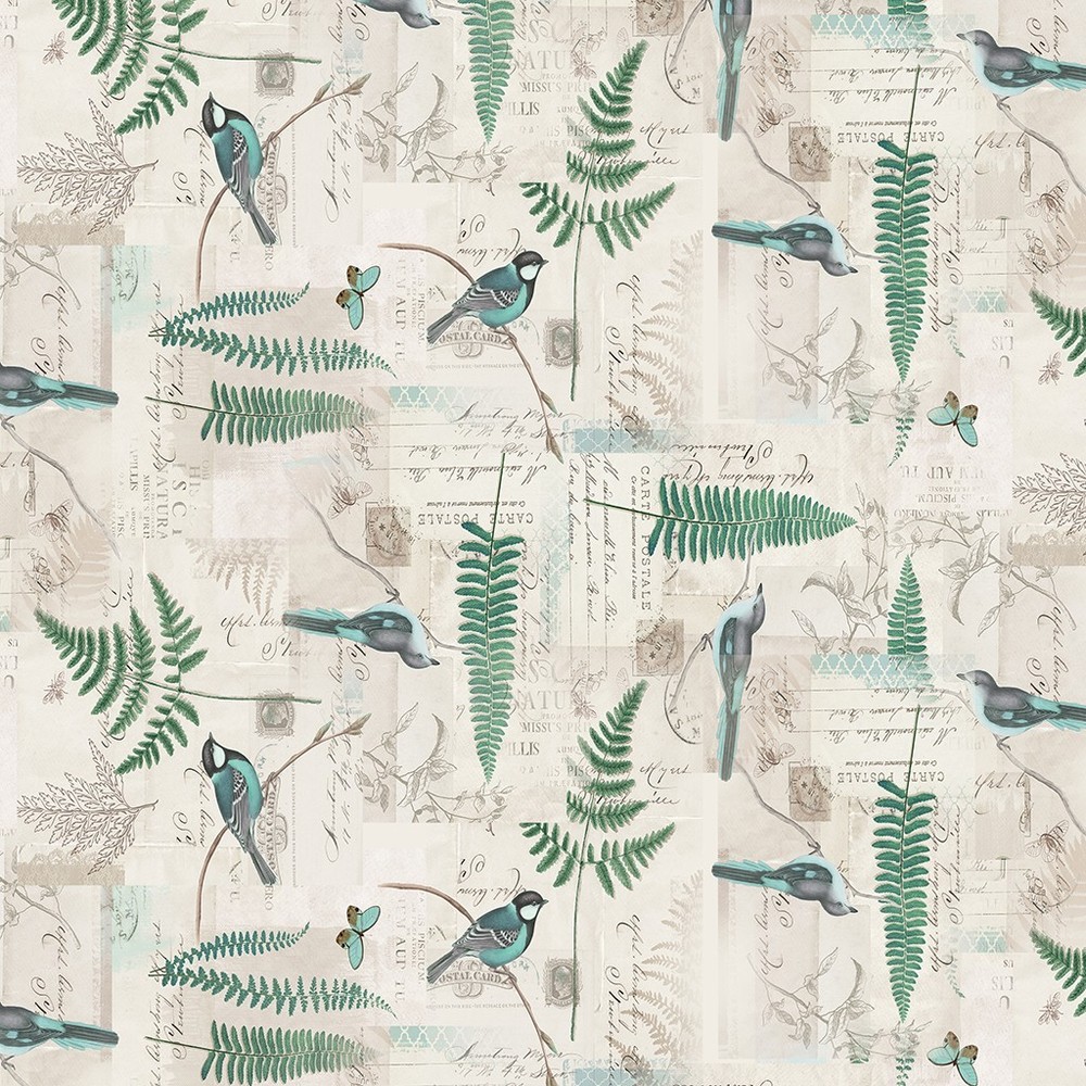 Katie Pertiet En Bleu Ferns Bird Turquois Collage Y4030-11 Lt Khaki fabric BTY