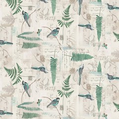 Katie Pertiet En Bleu Ferns Bird Turquois Collage Y4030-11 Lt Khaki fabric BTY
