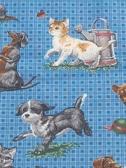 1 5/8 yds VTG Dogs Cats Kittens Puppies Blue Novelty Fabric Cotton Blend