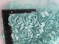 Aqua 3D Rosette Embroidery Satin Rose Flowers Floral Mesh Fabric by the yard