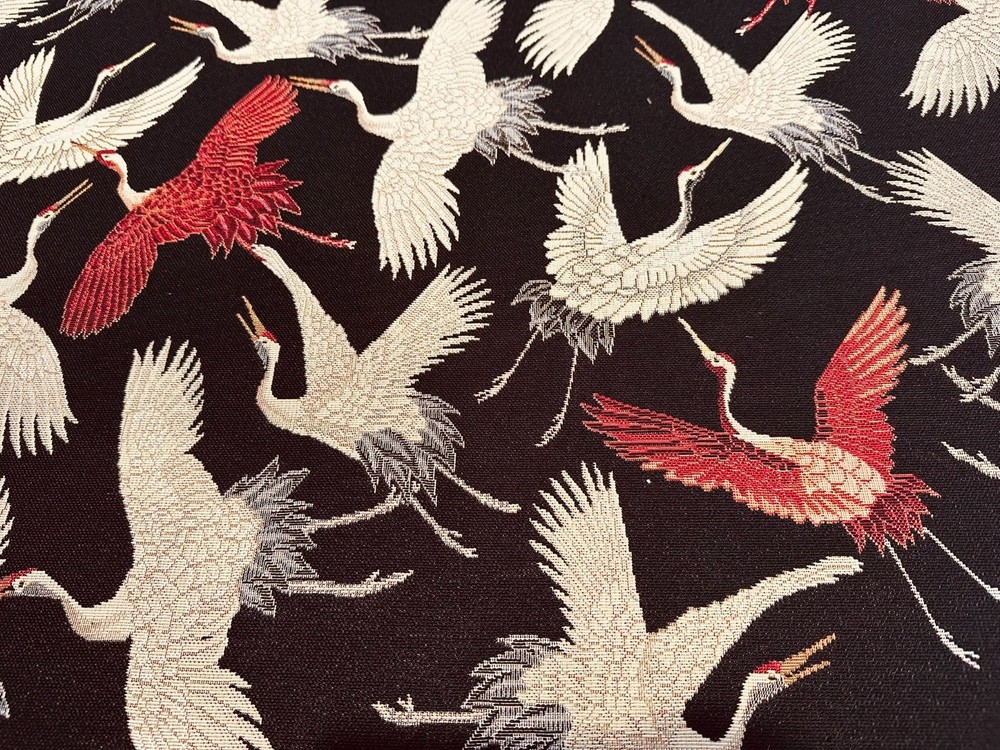 Crane Bird Gobelin Tapestry Upholstery Cushion Woven Fabric Black – 140cm Wide