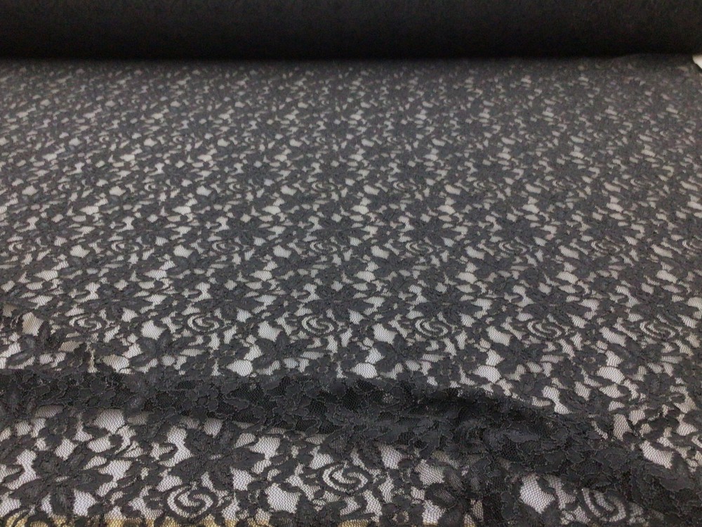 Embroidered Stretch Lace Apparel Fabric Sheer Metallic Floral Black ZZ112