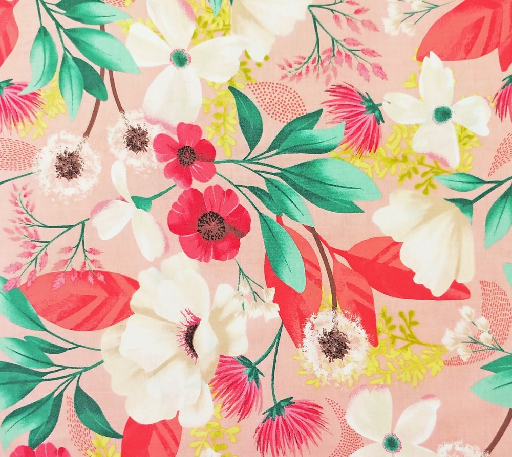 Coral Floral Fresh Meadow Cotton Fabric Melissa Lowry Clothworks Spring Easter