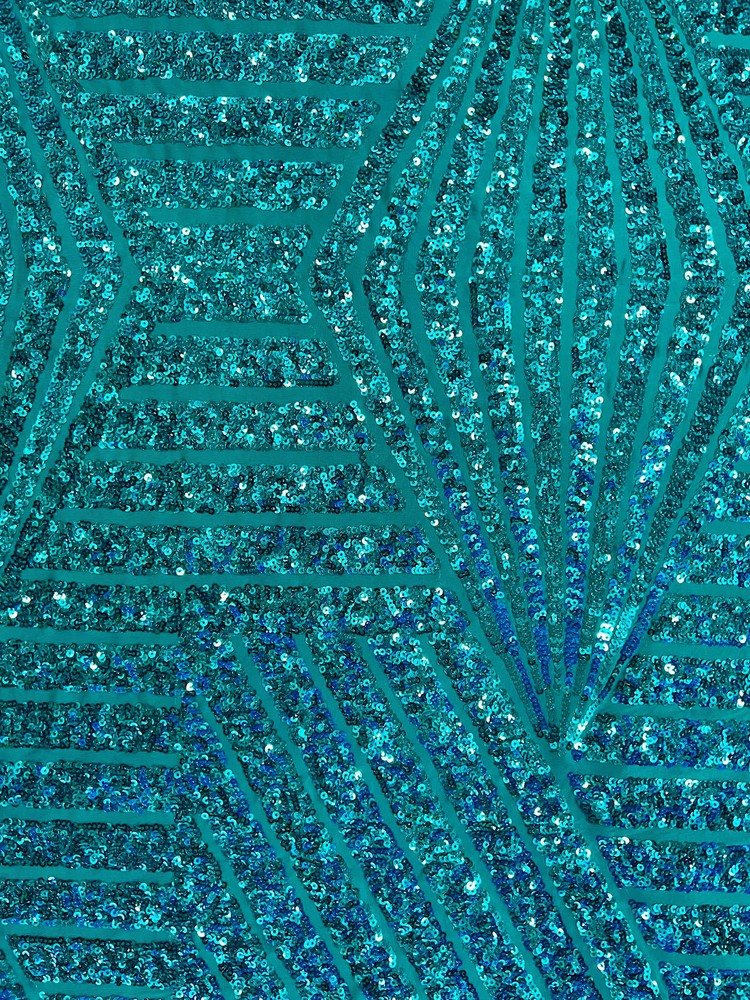 Thea TEAL Geometric Sequins Diamond & Stripes on Poly Spandex Fabric by the Yar