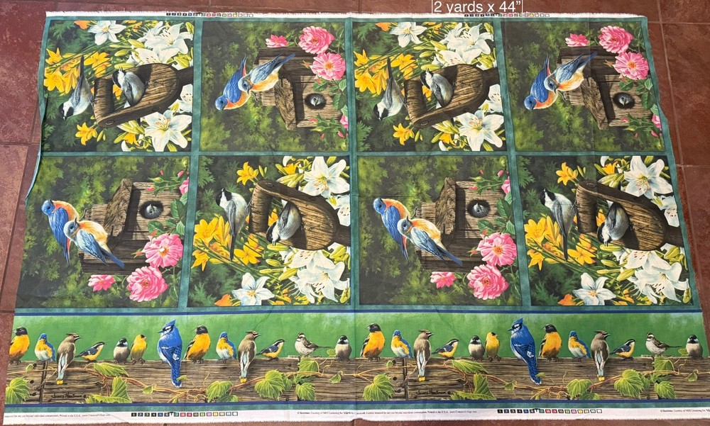 NEW Blue Birds/Chickadees/Flowers Hautman Cranston Cotton Fabric Panel 2ydsx44″