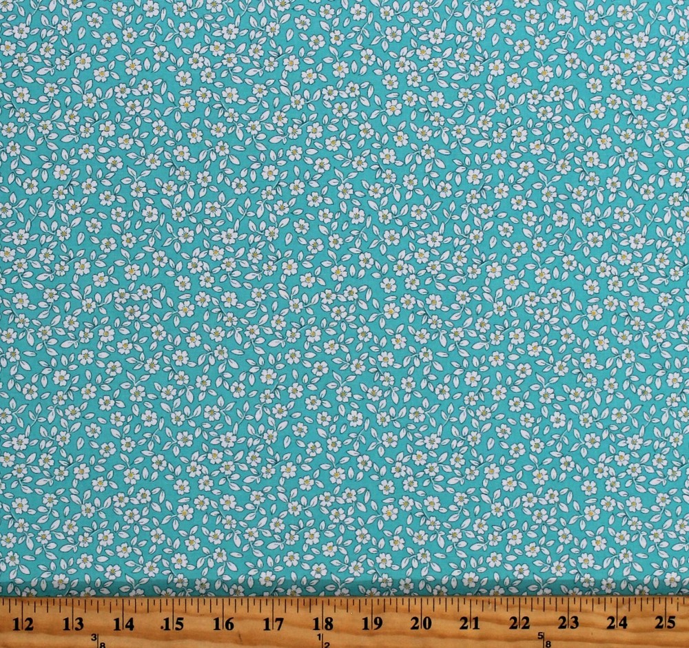 Cotton Flowers Floral Teal 1930’s Reproduction Fabric Print by Yard D186.10