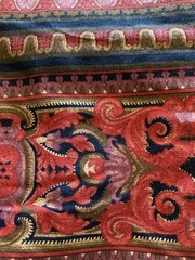 VTG Art Nouveau Design Hands Lion Head Red Brown Plum on Navy Border Fabric 4.8Y