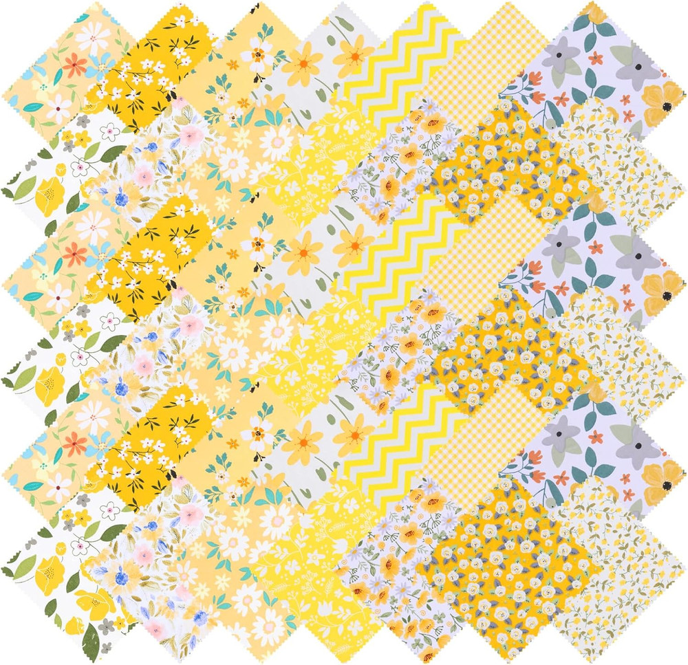 42Pcs Yellow Charm Packs for Quilting, 100% Cotton Fabric Squares 5 x 5Inch Pre-