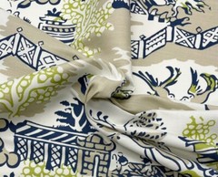 THIBAUT LUZON NAVY BLUE ON BEIGE ASIAN TOILE MULTIUSE LINEN FABRIC BY YARD 54″W